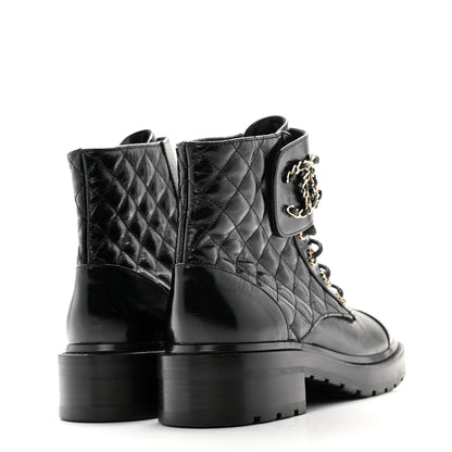 Chanel Shiny Calfskin Quilted Lace Up Combat Boots 38.5 Black 3 of 8
