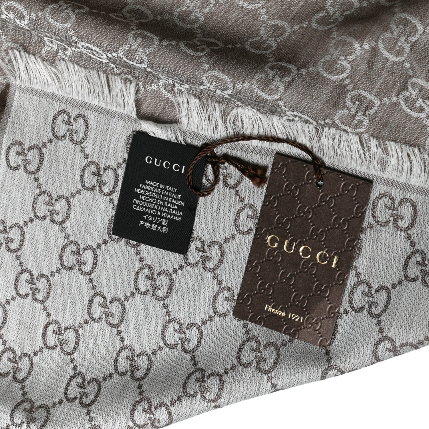 Gucci Wool Silk Monogram GGWeb Fringe Shawl Bitume Ivory 3 of 3