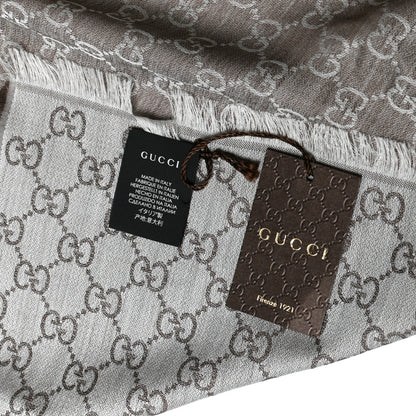 Gucci Wool Silk Monogram GGWeb Fringe Shawl Bitume Ivory 3 of 3