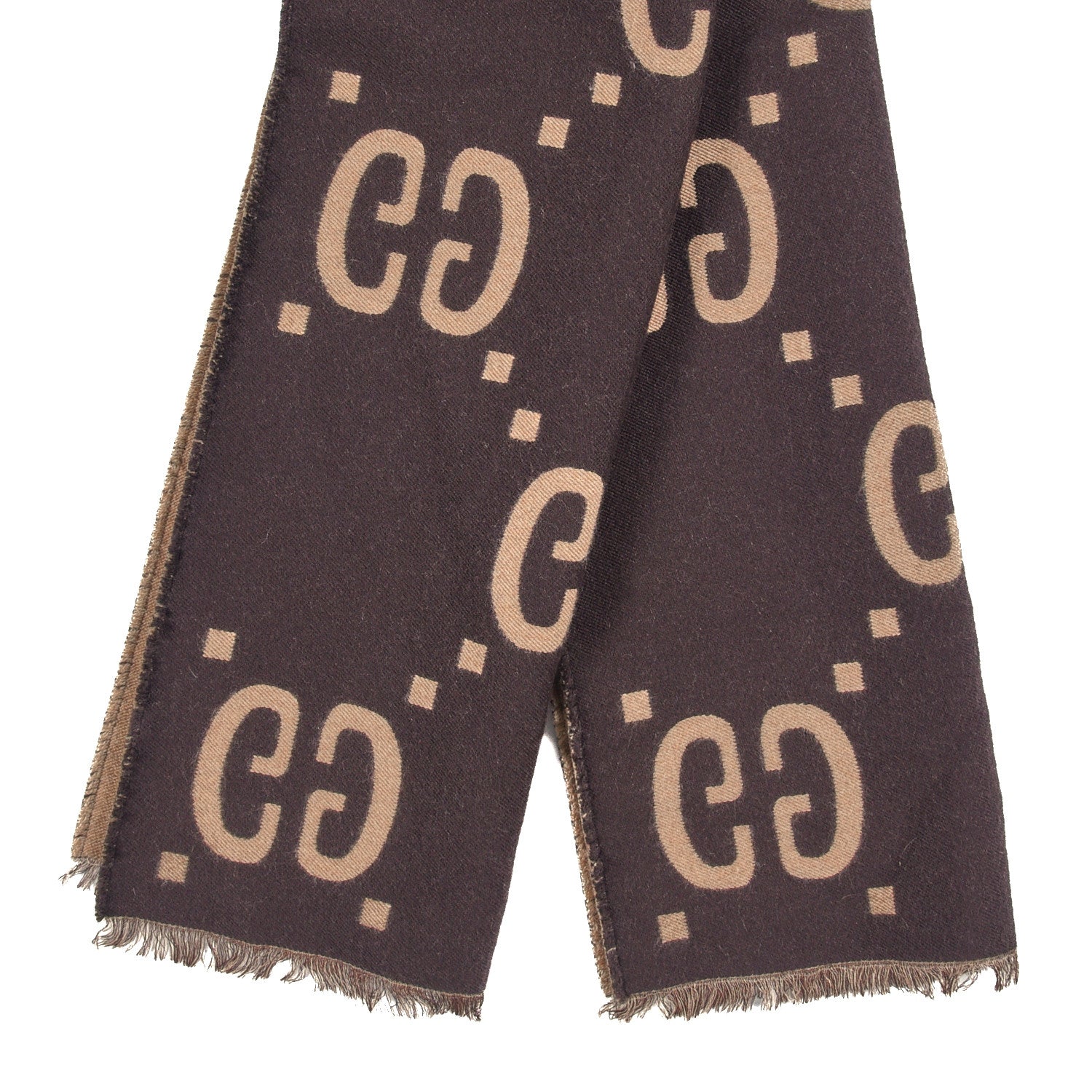 Gucci Wool Silk Monogram Jumbo GG Freedom Scarf Dark Brown Beige 2 of 3