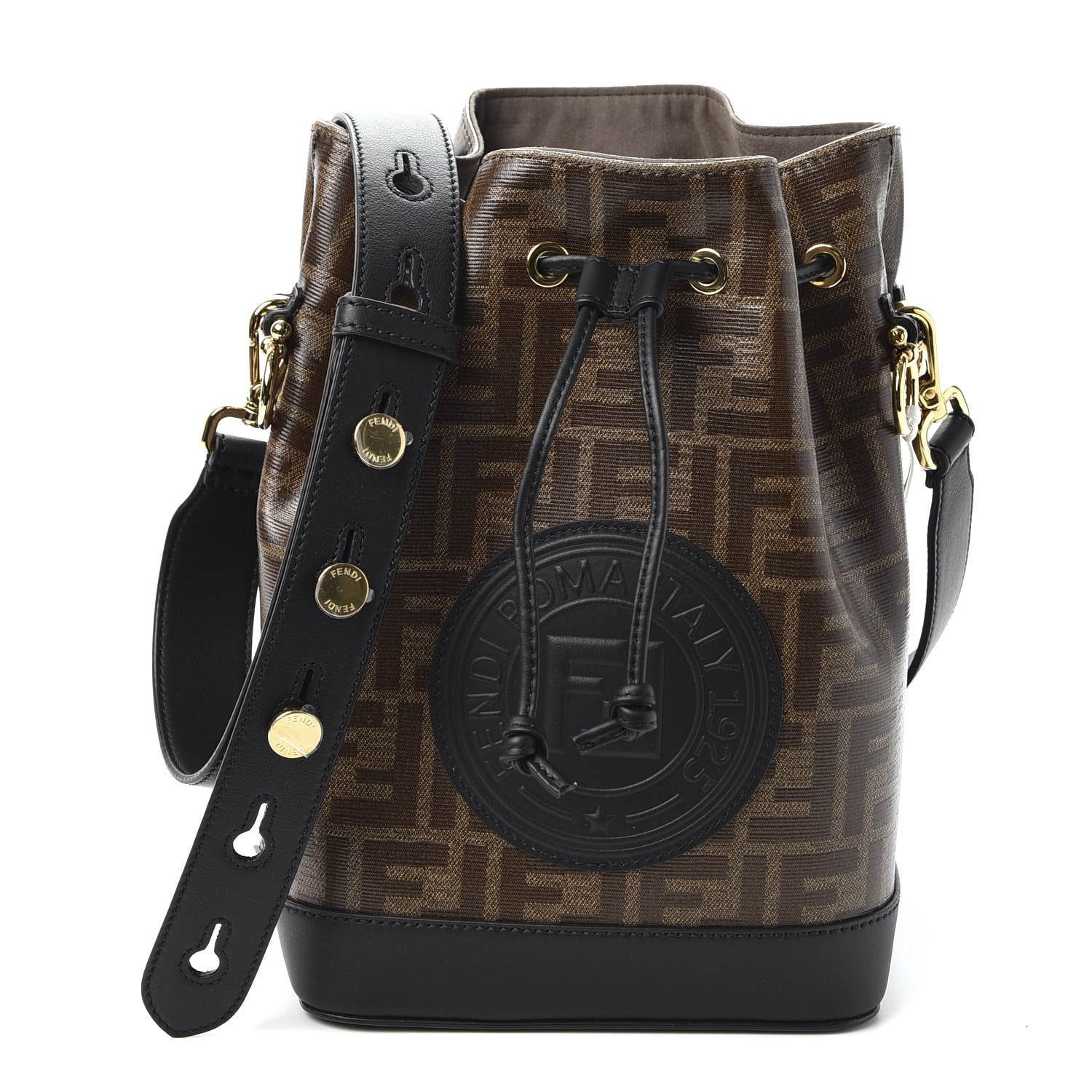 Fendi Glazed Fabric Vitello Grace F is Fendi FF 1974 Stamp Patch Grande Mon Tresor Bucket Bag Mogano Panna Black 1 of 10