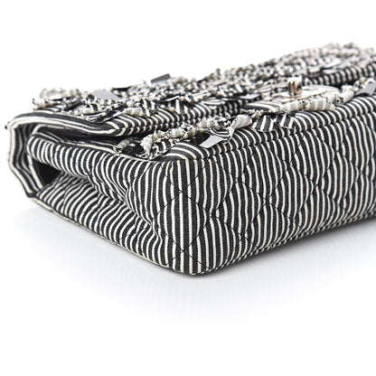 Chanel Canvas Sequin Stripe Medium Double Flap Black White 7 of 8