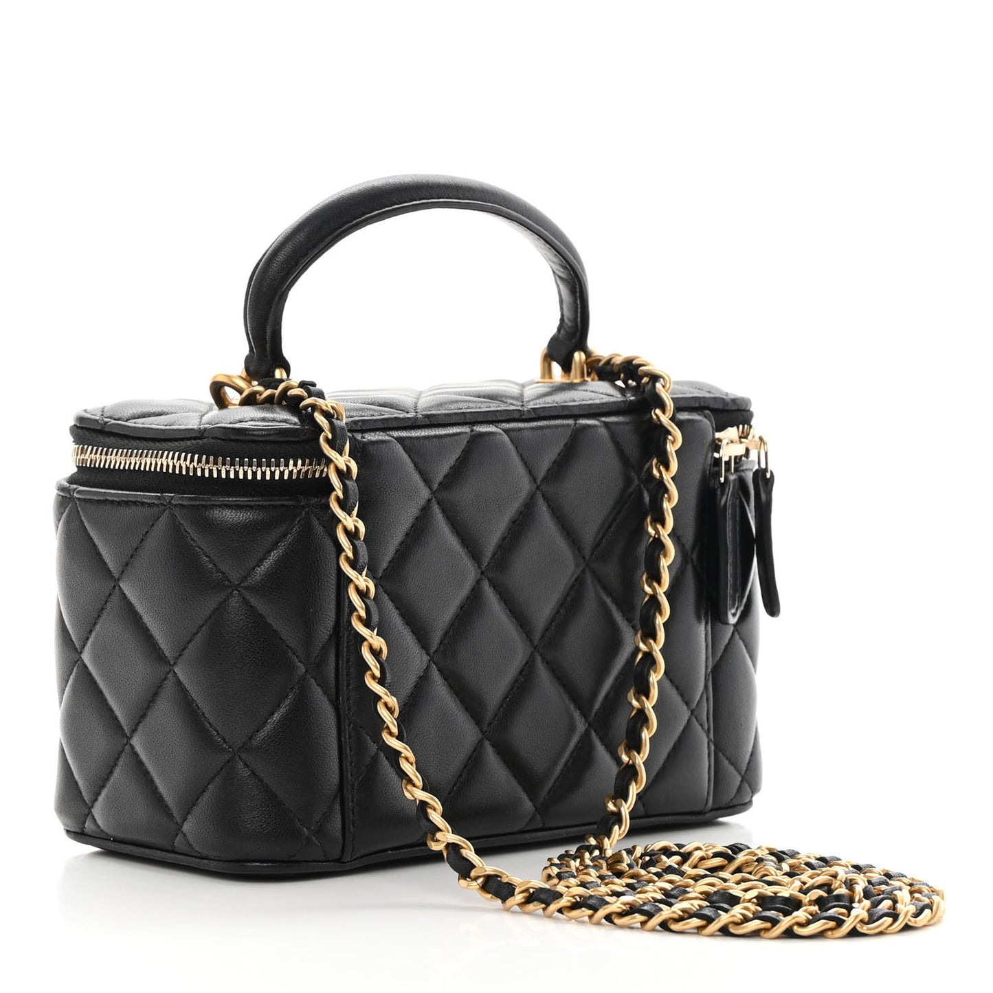 Lambskin Quilted Small Top Handle Vanity Case With Chain Black