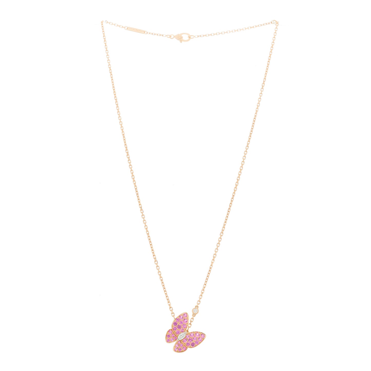 18K Rose Gold Diamond Pink Sapphire Two Butterfly Pendant Necklace