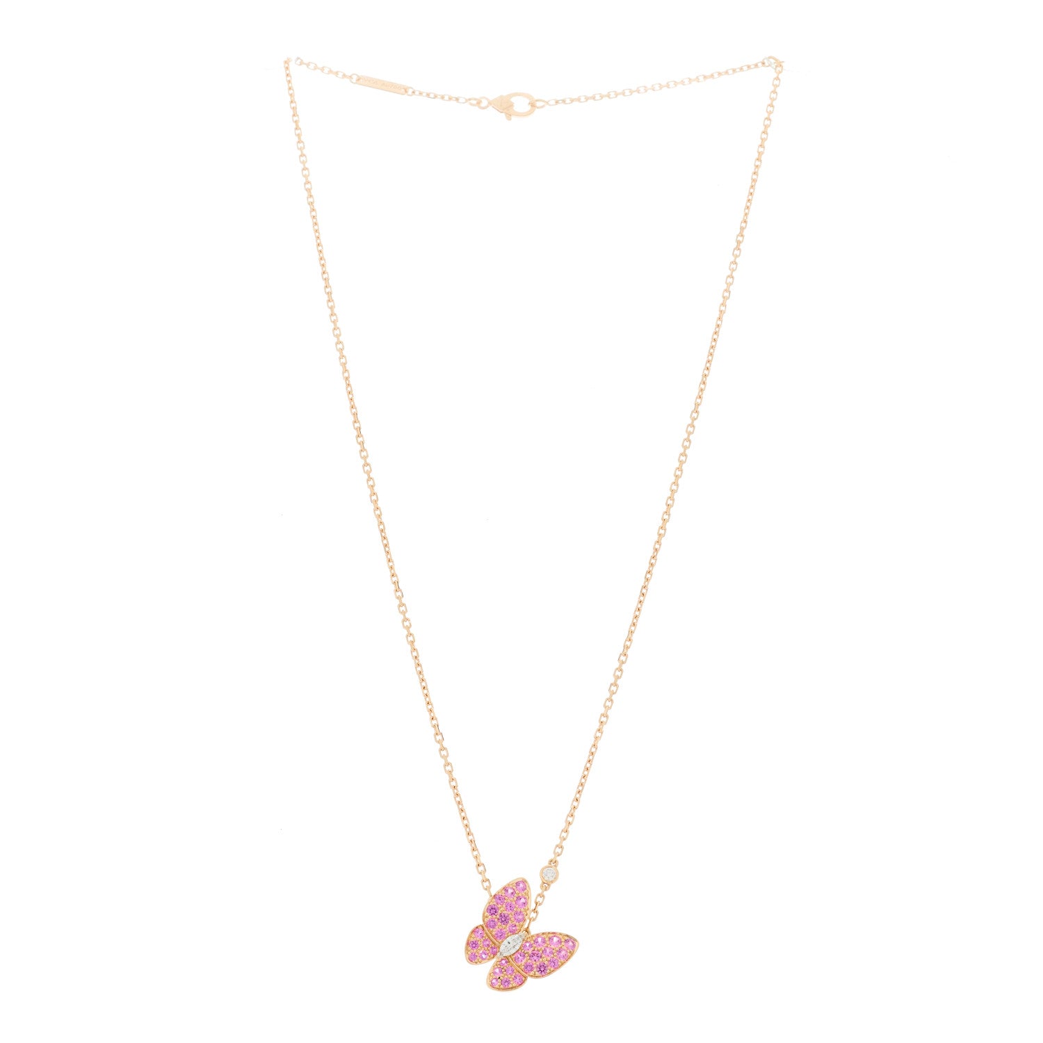 Van Cleef & Arpels 18K Rose Gold Diamond Pink Sapphire Two Butterfly Pendant Necklace 3 of 7