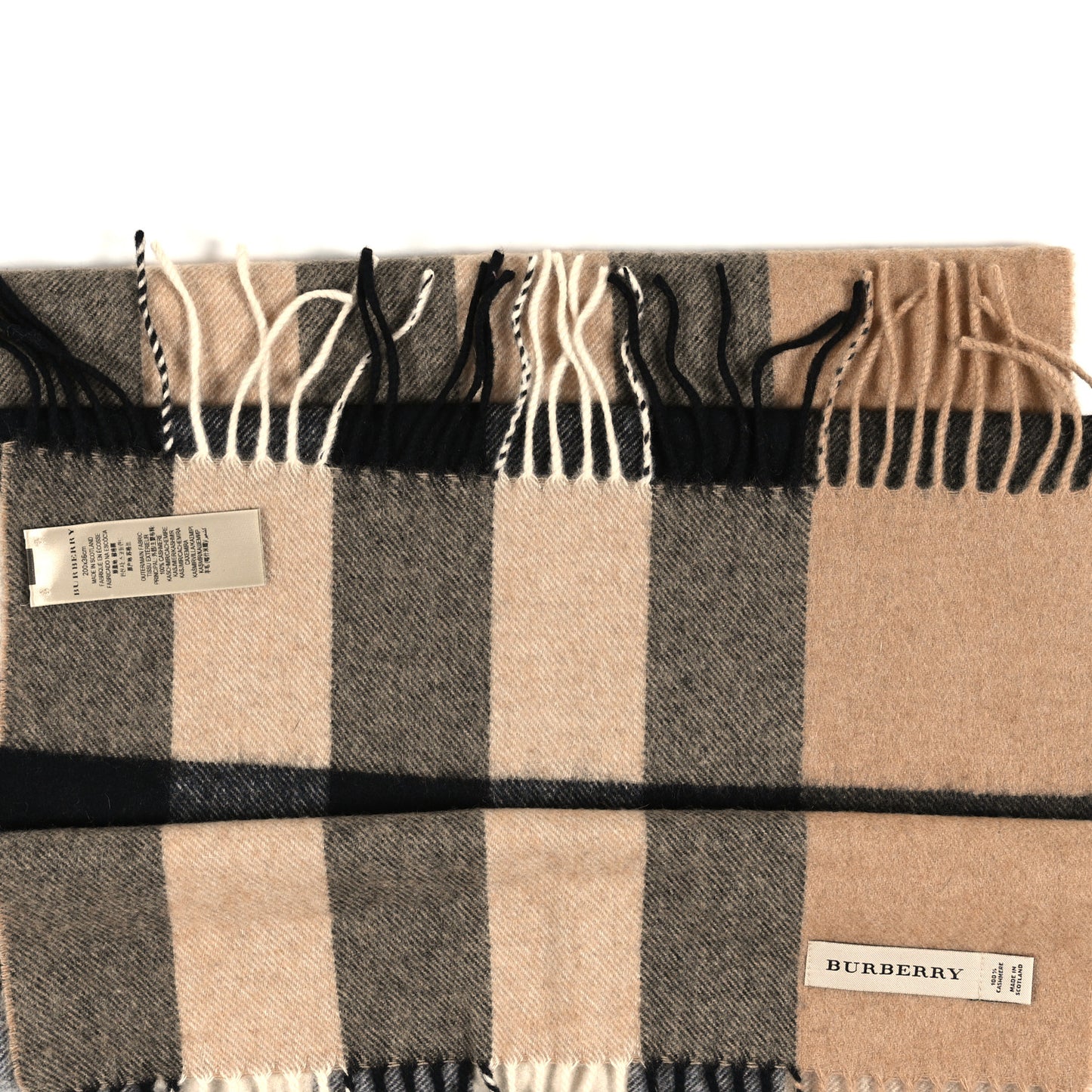 Cashmere Giant Check Fringe Scarf Camel