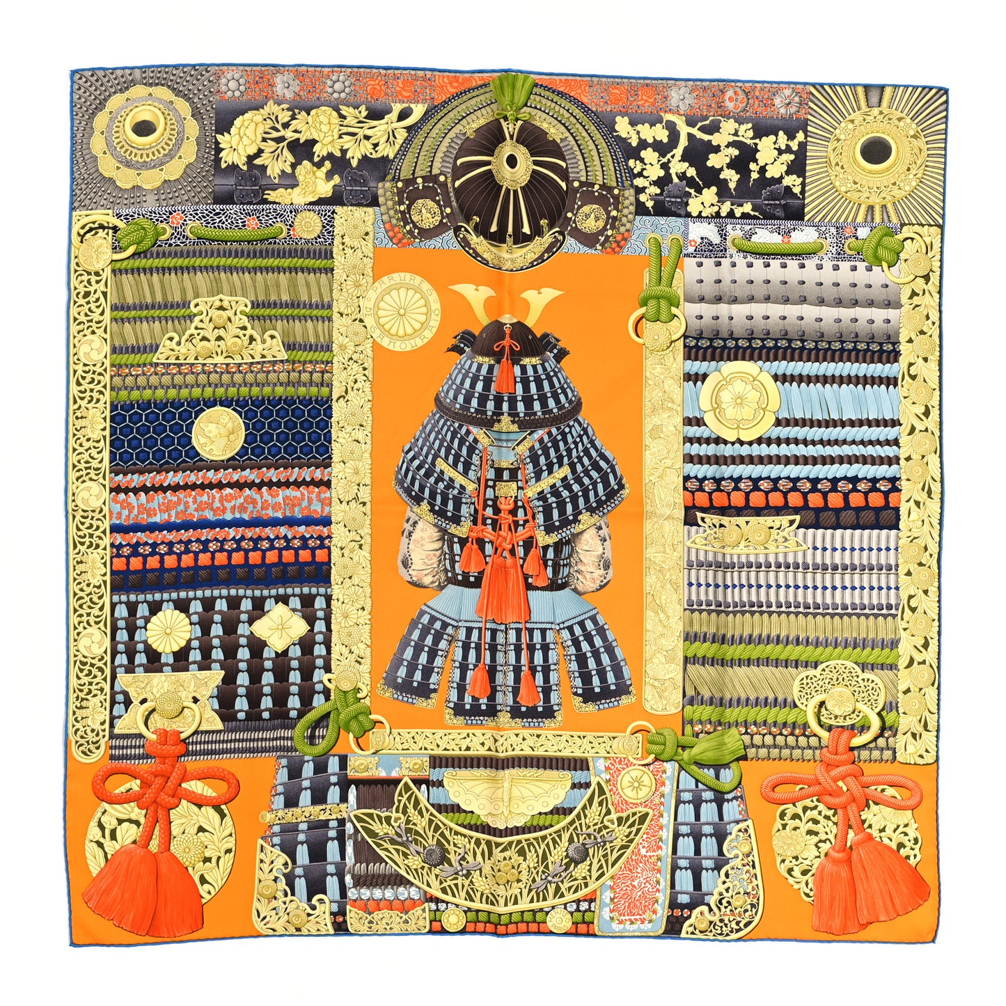 Silk Parures De Samourais Scarf 90 Orange Vert Absinthe Brun