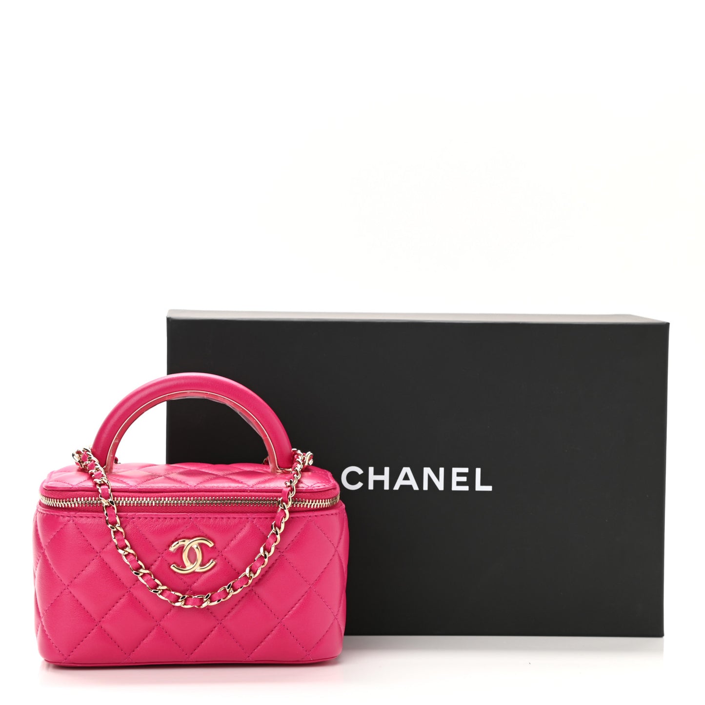 Lambskin Quilted Small Top Handle Vanity Case With Chain Dark Pink
