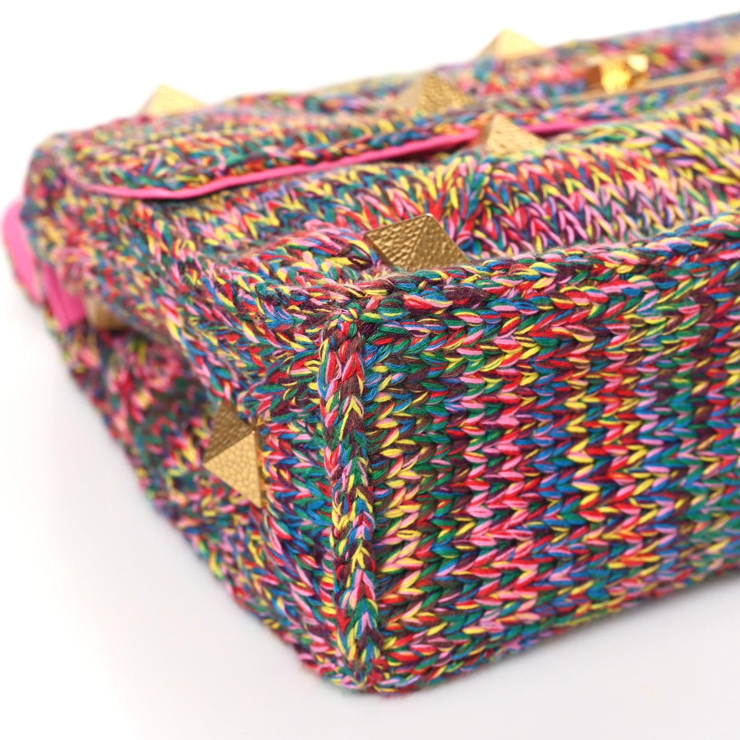 Valentino Garavani Wool Woven Large Roman Stud Shoulder Bag Multicolor Feminine Pink 7 of 8