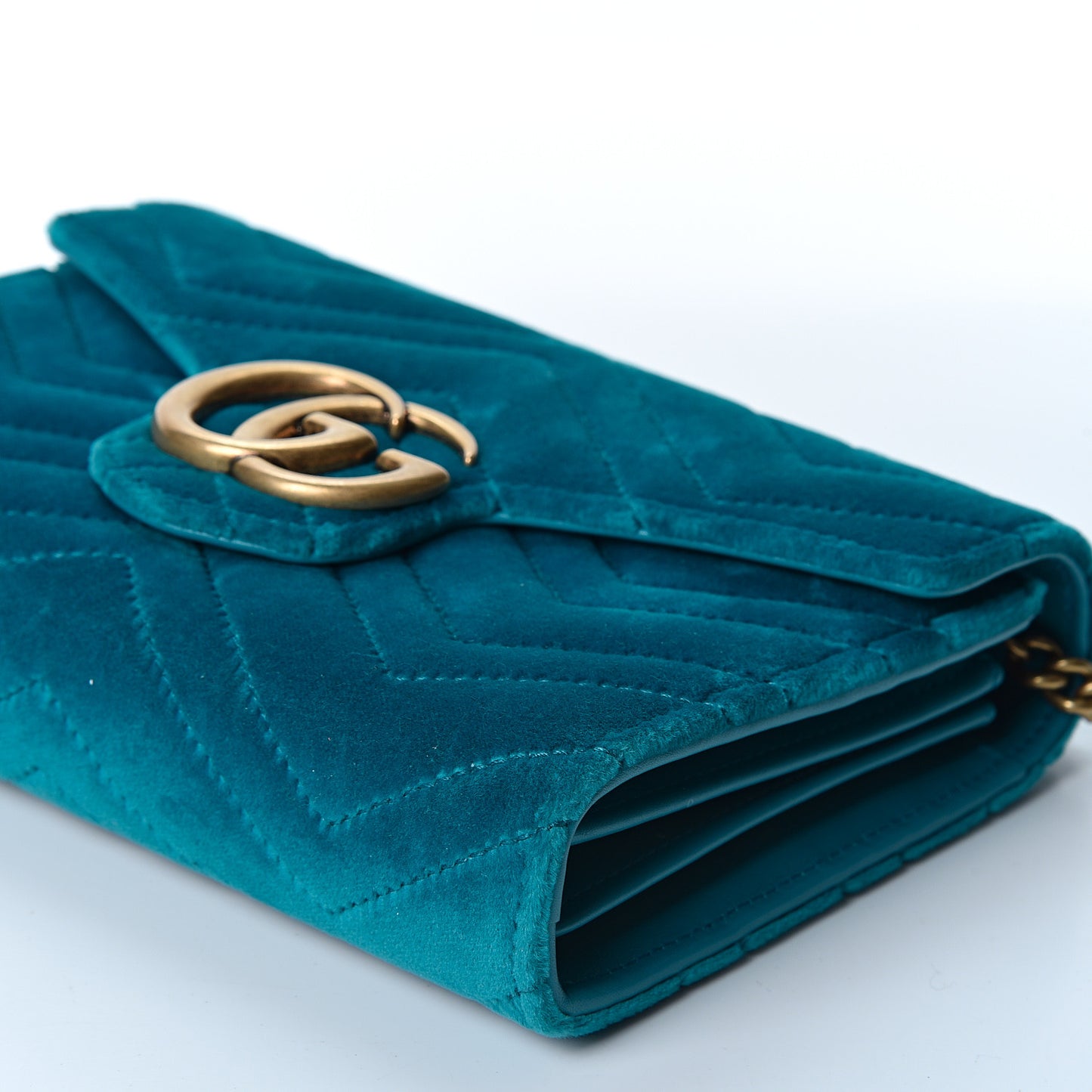 Velvet Matelasse GG Marmont Chain Wallet Pavone Cyan