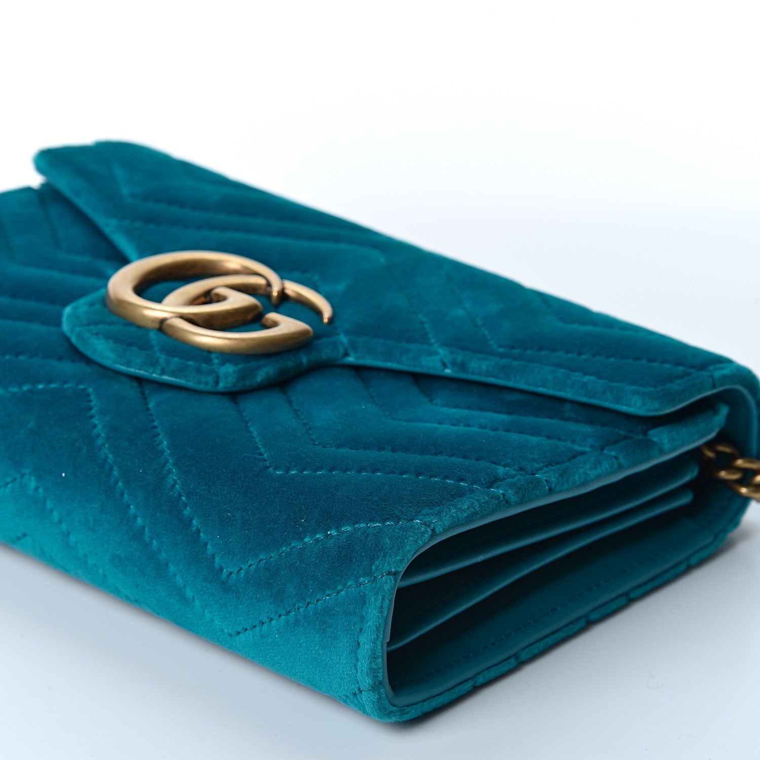 Gucci Velvet Matelasse GG Marmont Chain Wallet Pavone Cyan 9 of 9