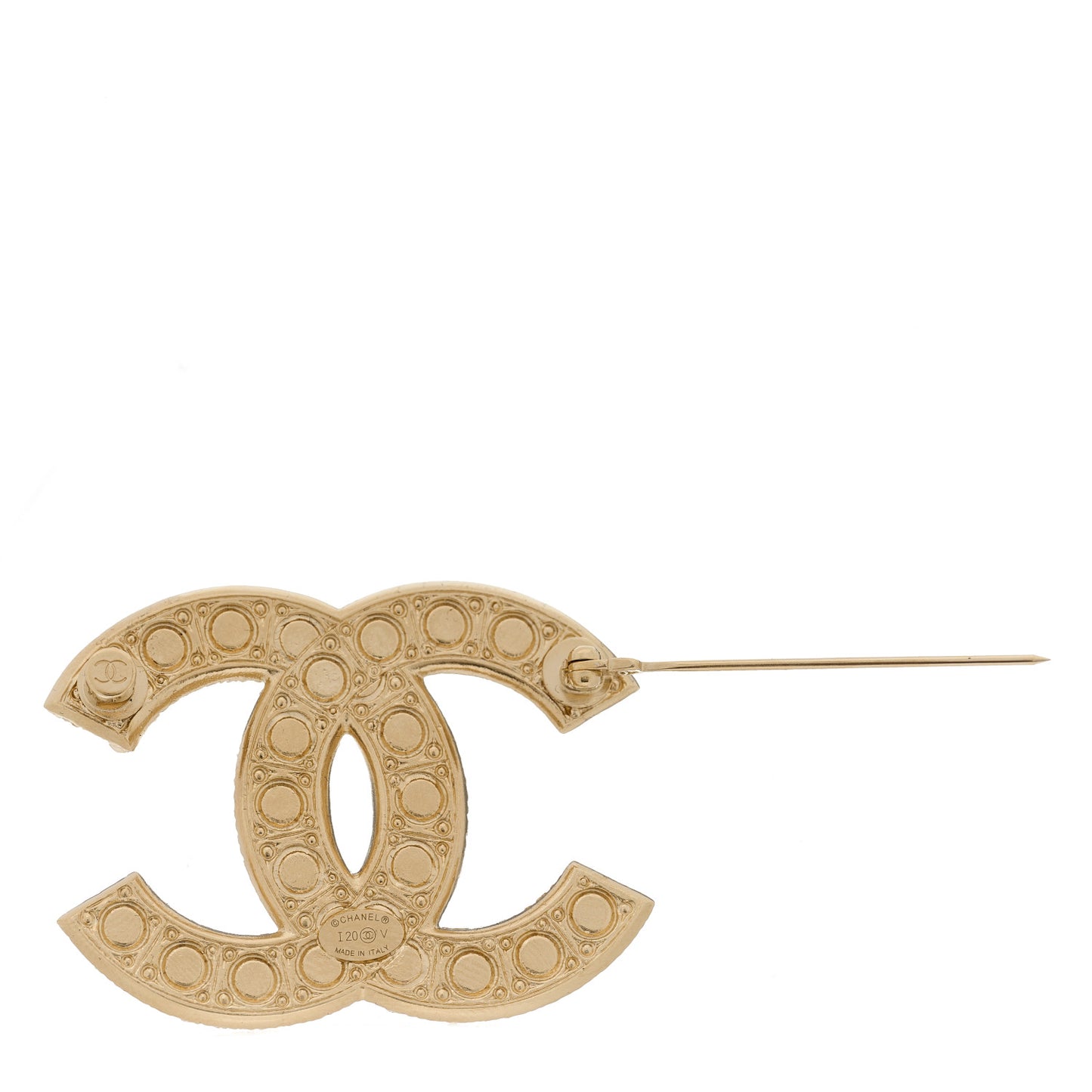 Metal Crystal Graduated Pearl CC Brooch Gold