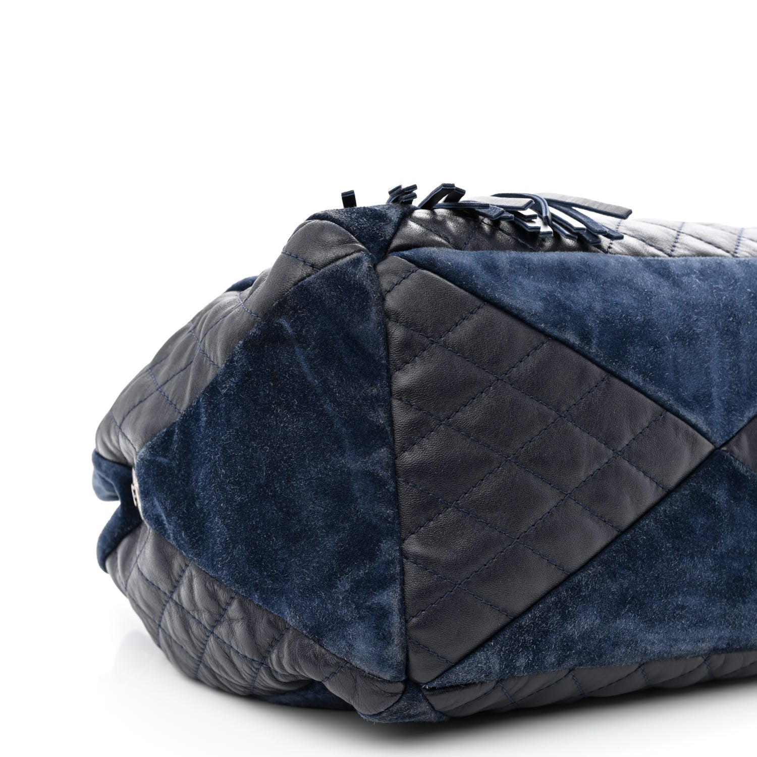 Chanel Goatskin Suede Calfskin Quilted Patchwork Drawstring Bag Blue 9 of 11