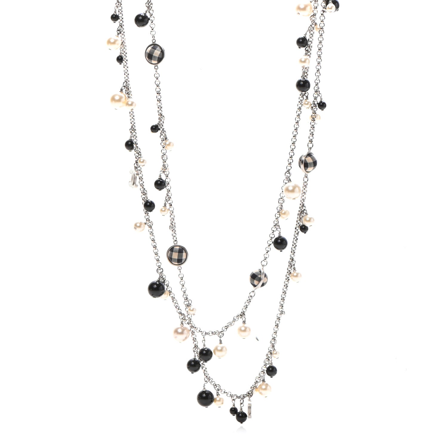 Chanel Pearl Beaded Gingham CC Long Necklace Silver Black 1 of 5