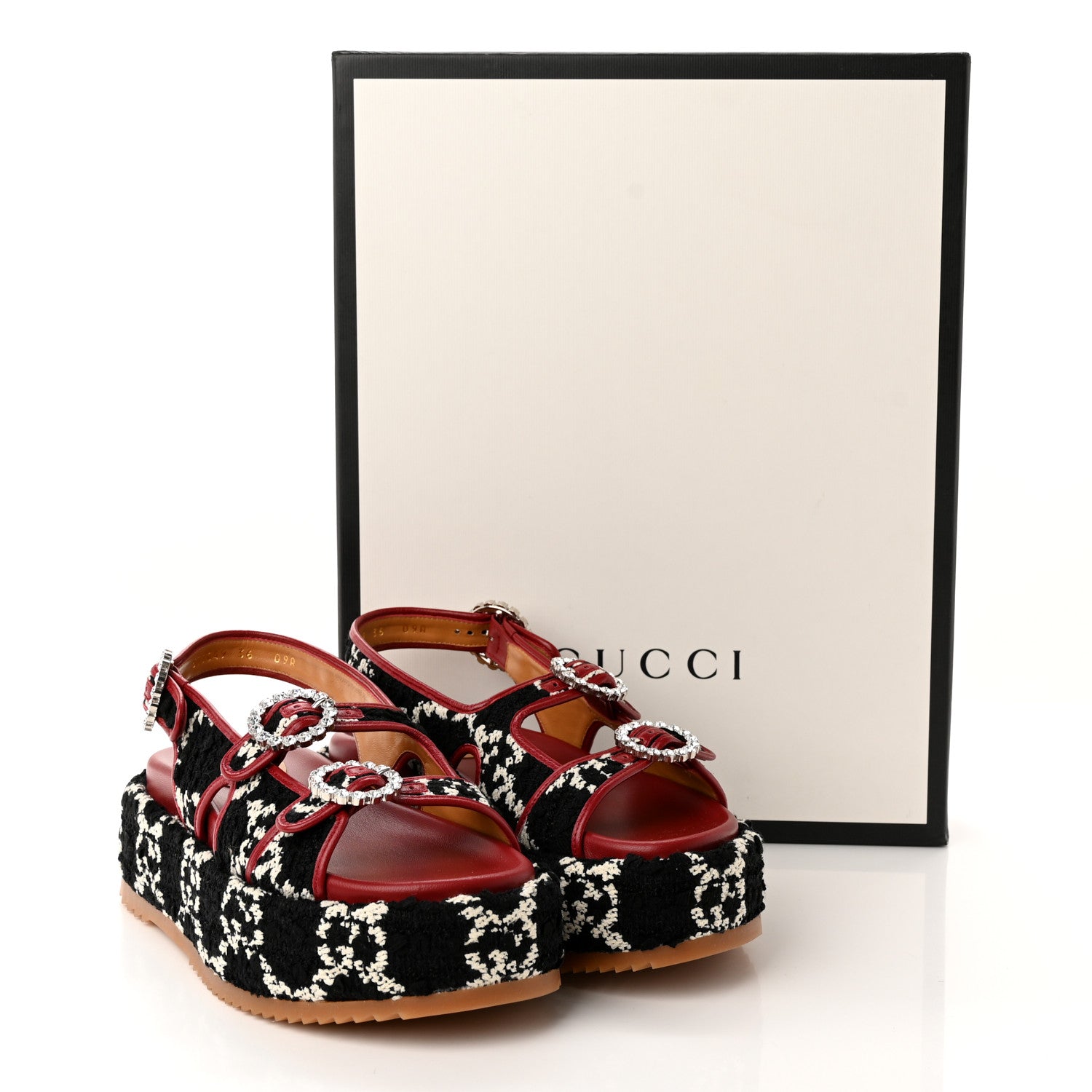 Gucci Tweed GG Monogram Crystal Angelina Platform Slingback Sandals 36 Black Natural Cerise 9 of 9