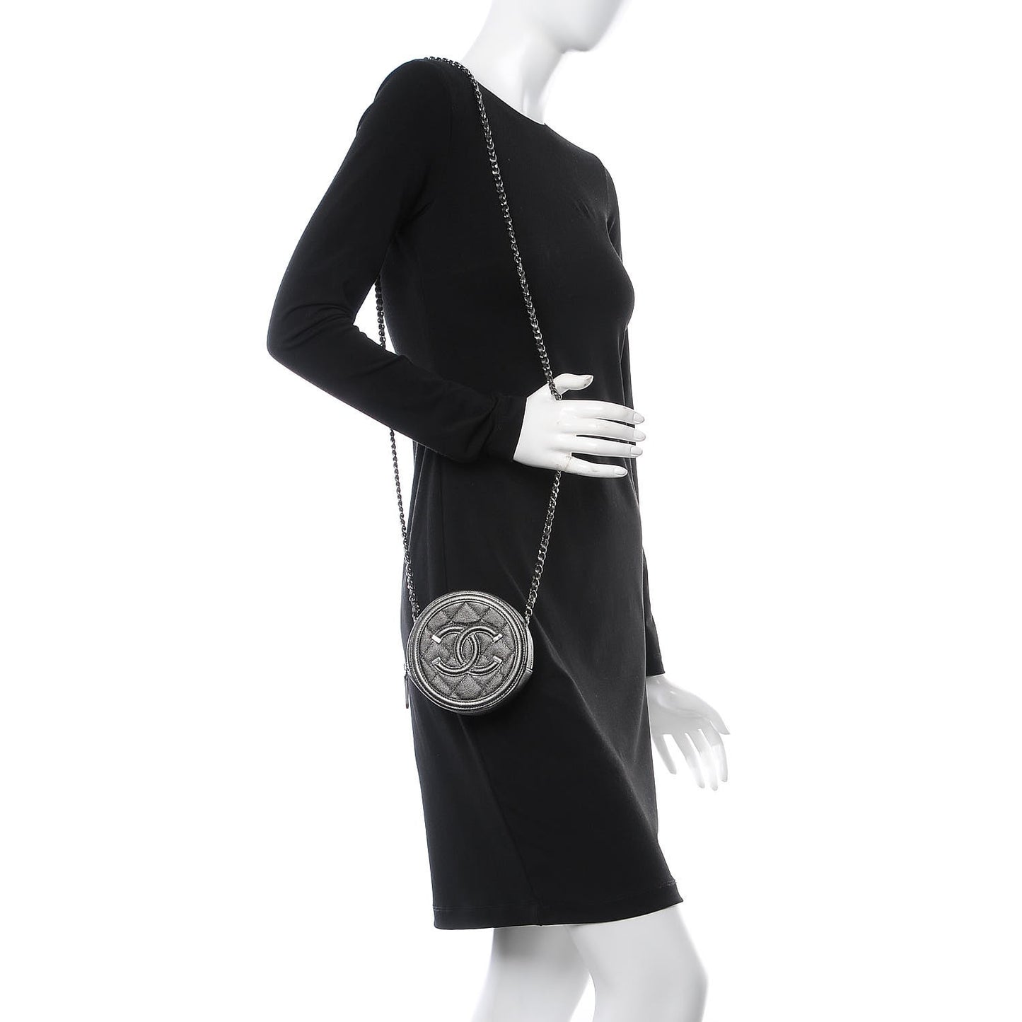 Metallic Caviar Quilted Round Filigree Crossbody Dark Silver
