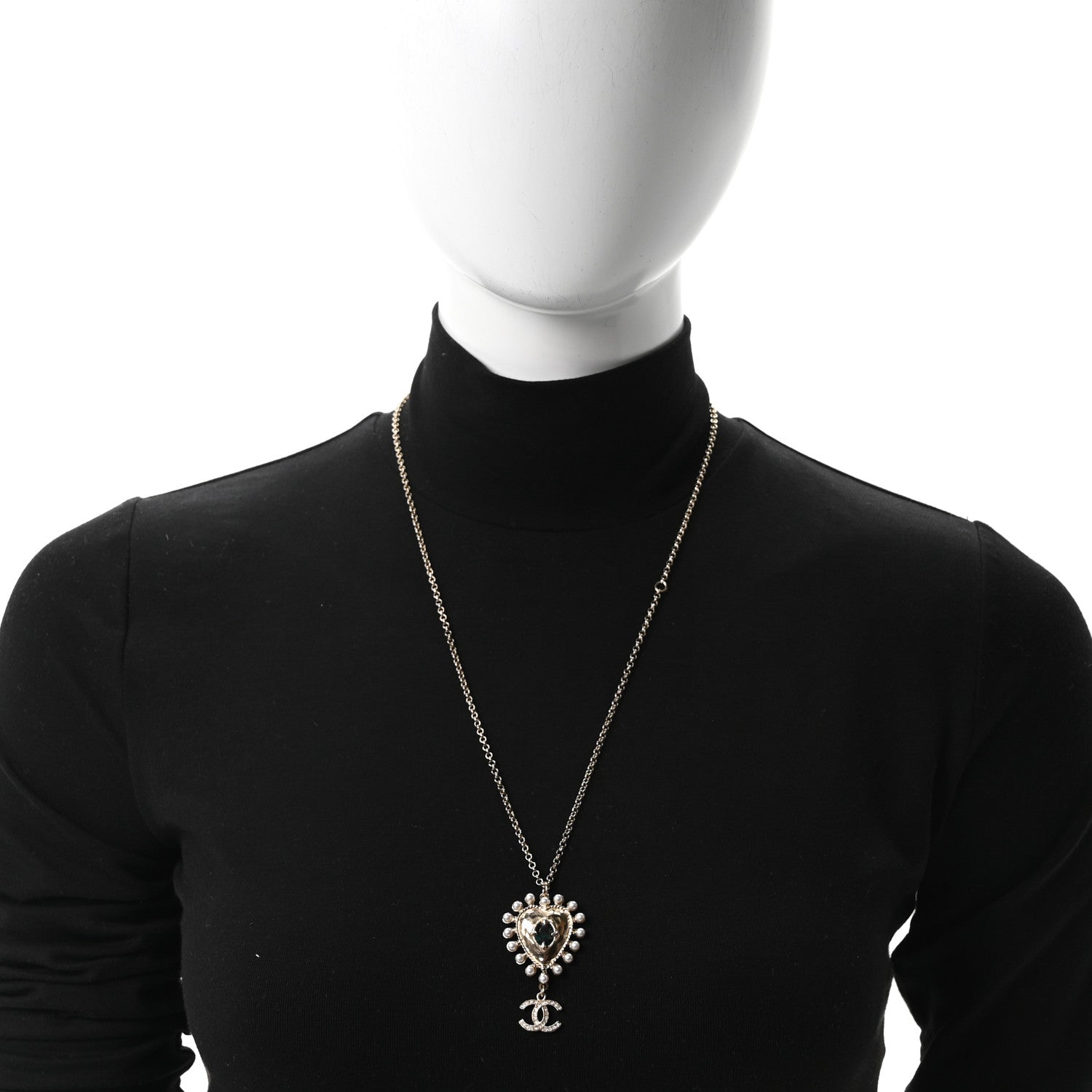 Chanel Resin Pearl Crystal CC Heart Necklace Gold 2 of 4