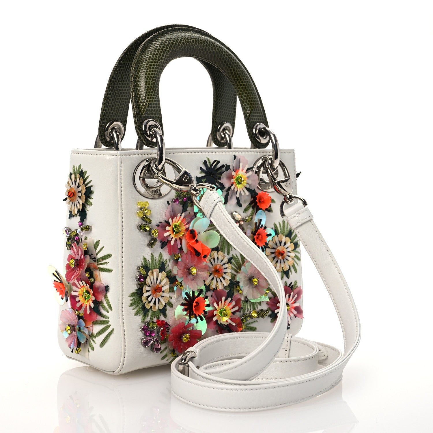 Christian Dior Lizard Satin Beaded Floral Embroidered Mini Lady Dior White Green Multicolor 2 of 12