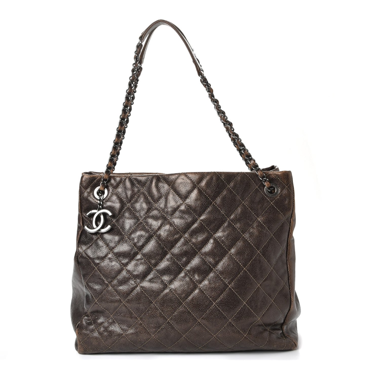 Iridescent Caviar Quilted Tall Chic Shopping Tote Dark Gold
