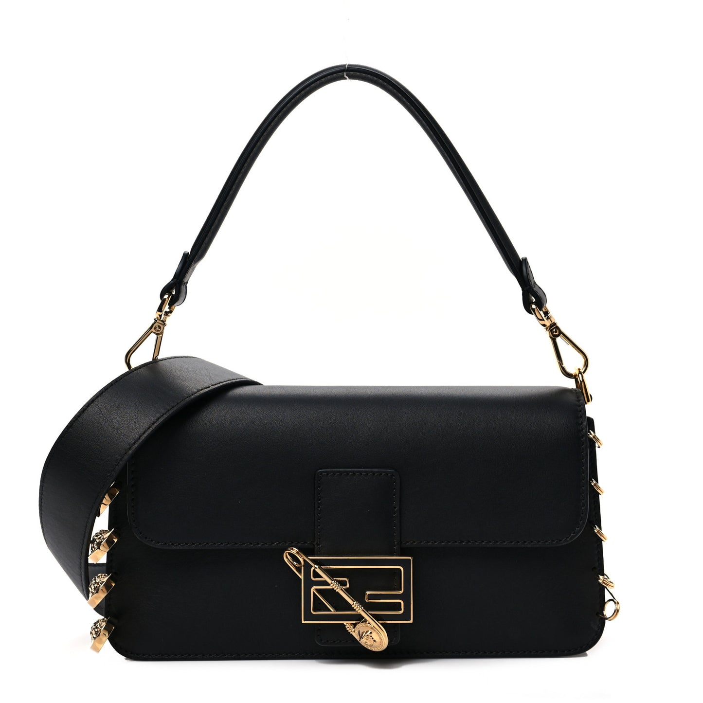 X VERSACE Vitello Seta Fendace Brooch Baguette Black