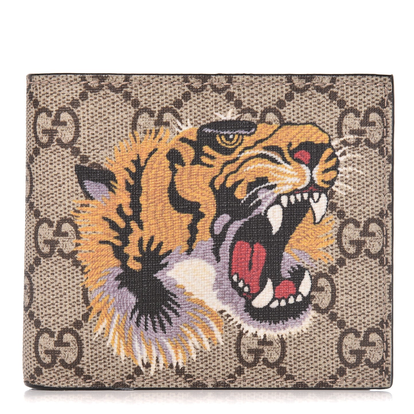 GG Supreme Monogram Selleria Calfskin Tiger Nice Bi-Fold Wallet Beige Ebony Multicolor Black