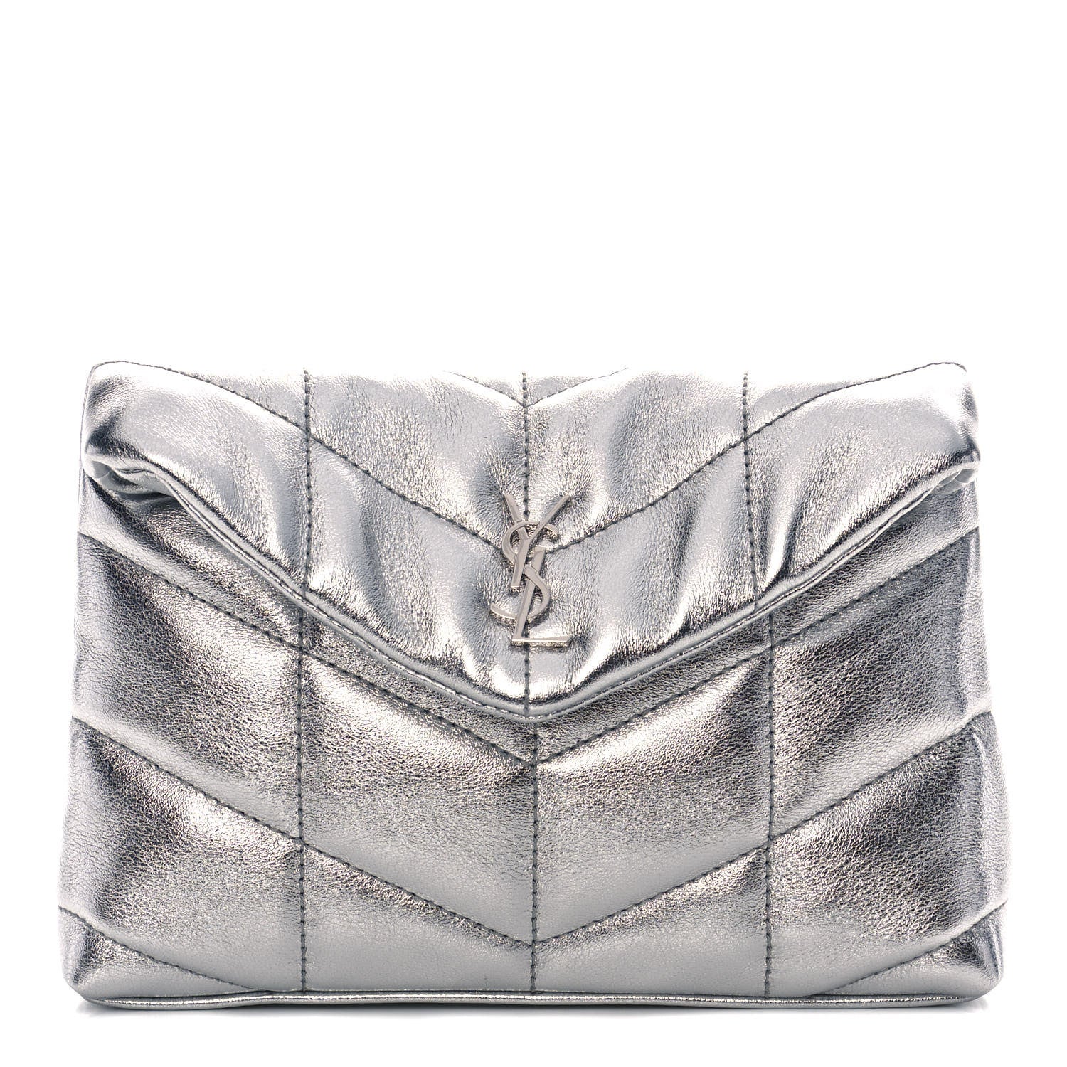 Saint Laurent Metallic Lambskin Monogram Loulou Puffer Pouch Clutch Silver 1 of 10
