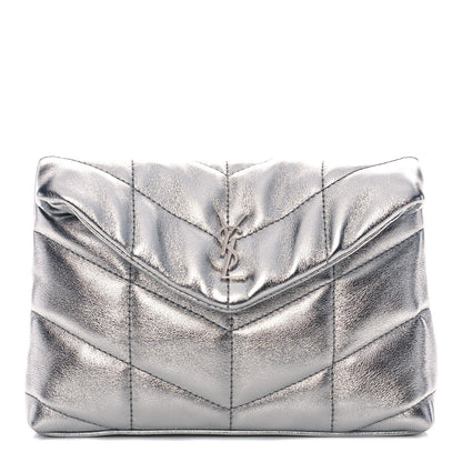 Saint Laurent Metallic Lambskin Monogram Loulou Puffer Pouch Clutch Silver 1 of 10