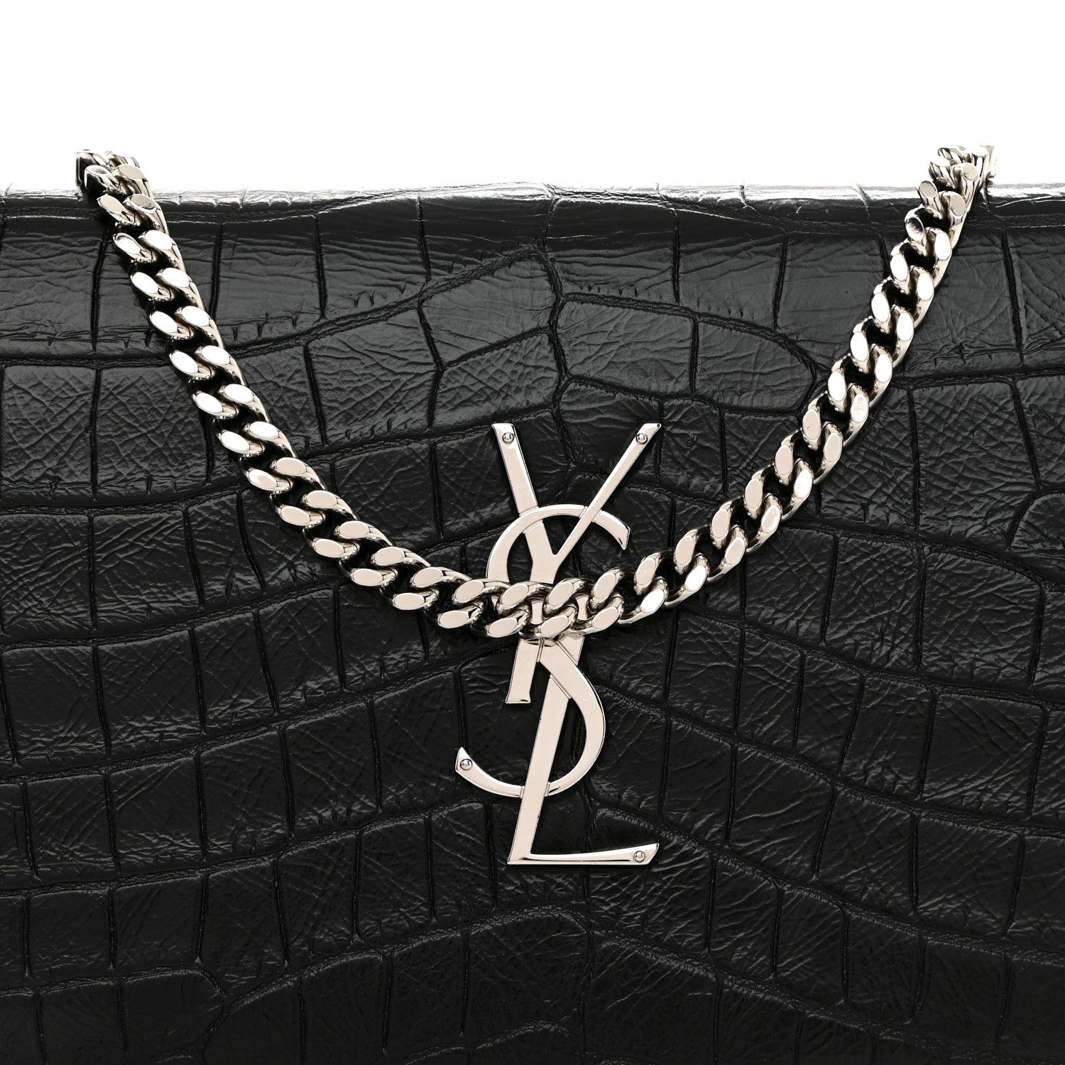 Saint Laurent Calfskin Crocodile Embossed Cassandre Wallet On Chain WOC Black 8 of 10