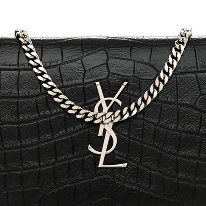 Saint Laurent Calfskin Crocodile Embossed Cassandre Wallet On Chain WOC Black 8 of 10