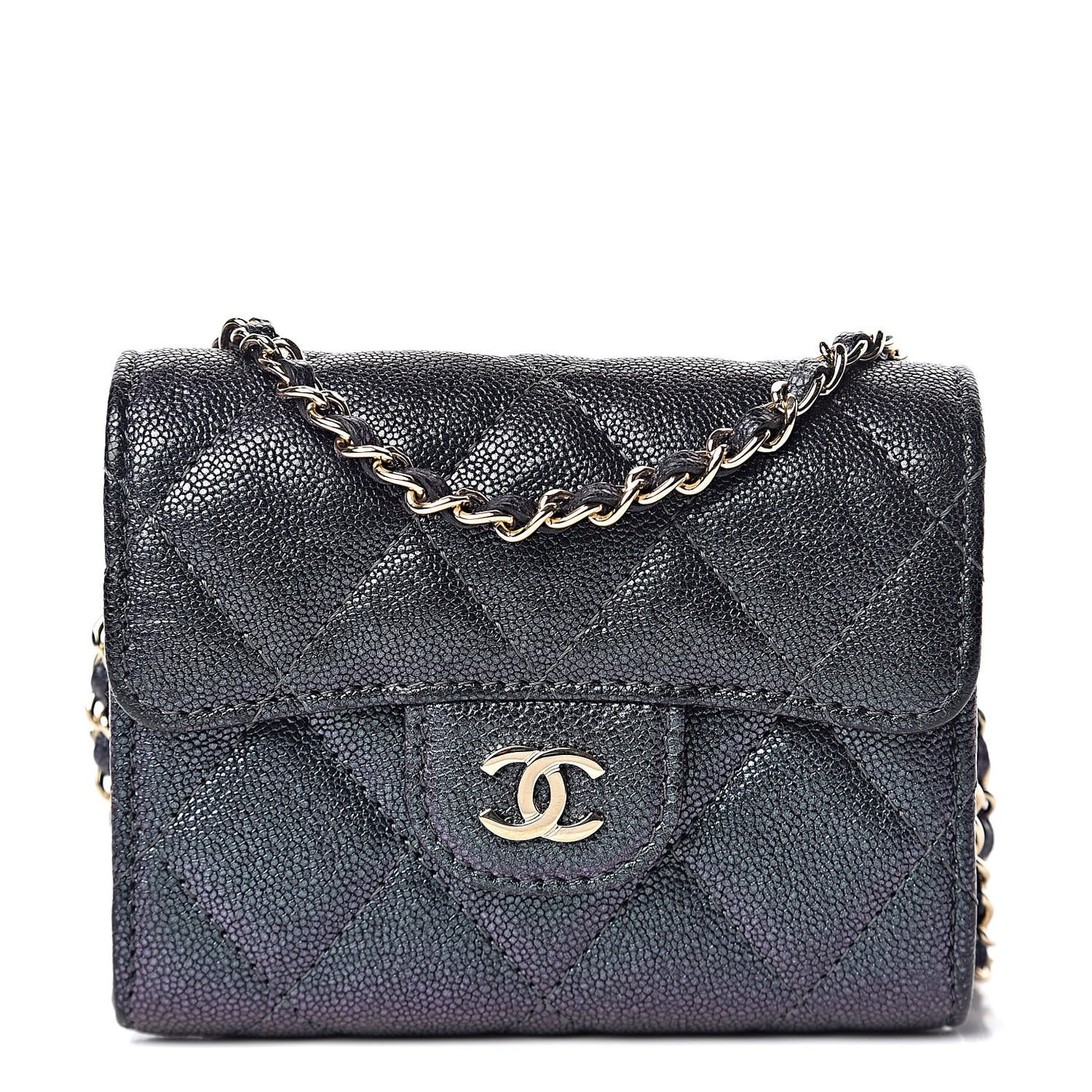 Iridescent Caviar Quilted Flap Card Holder On Chain Black