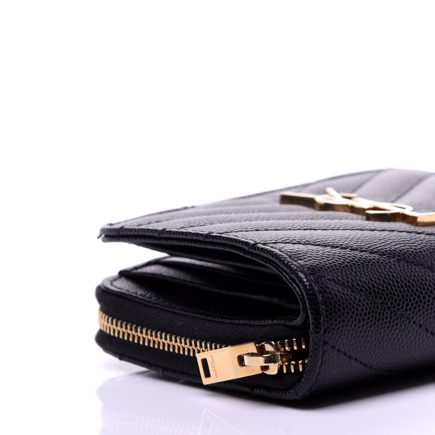 Saint Laurent Grain De Poudre Matelasse Chevron Monogram Compact Zip Around Wallet Black 8 of 9