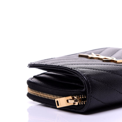 Saint Laurent Grain De Poudre Matelasse Chevron Monogram Compact Zip Around Wallet Black 8 of 9