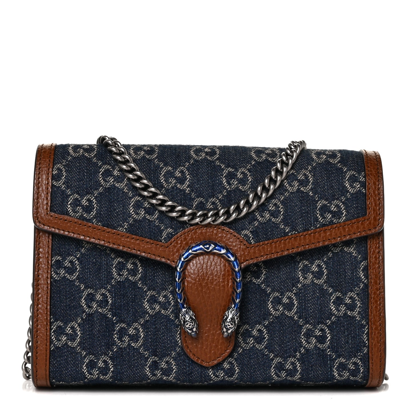 New Denim GG Monogram Dollar Calfskin Enamel Mini Dionysus Chain Wallet Blue Tea Cuir Epilog Electric Blue
