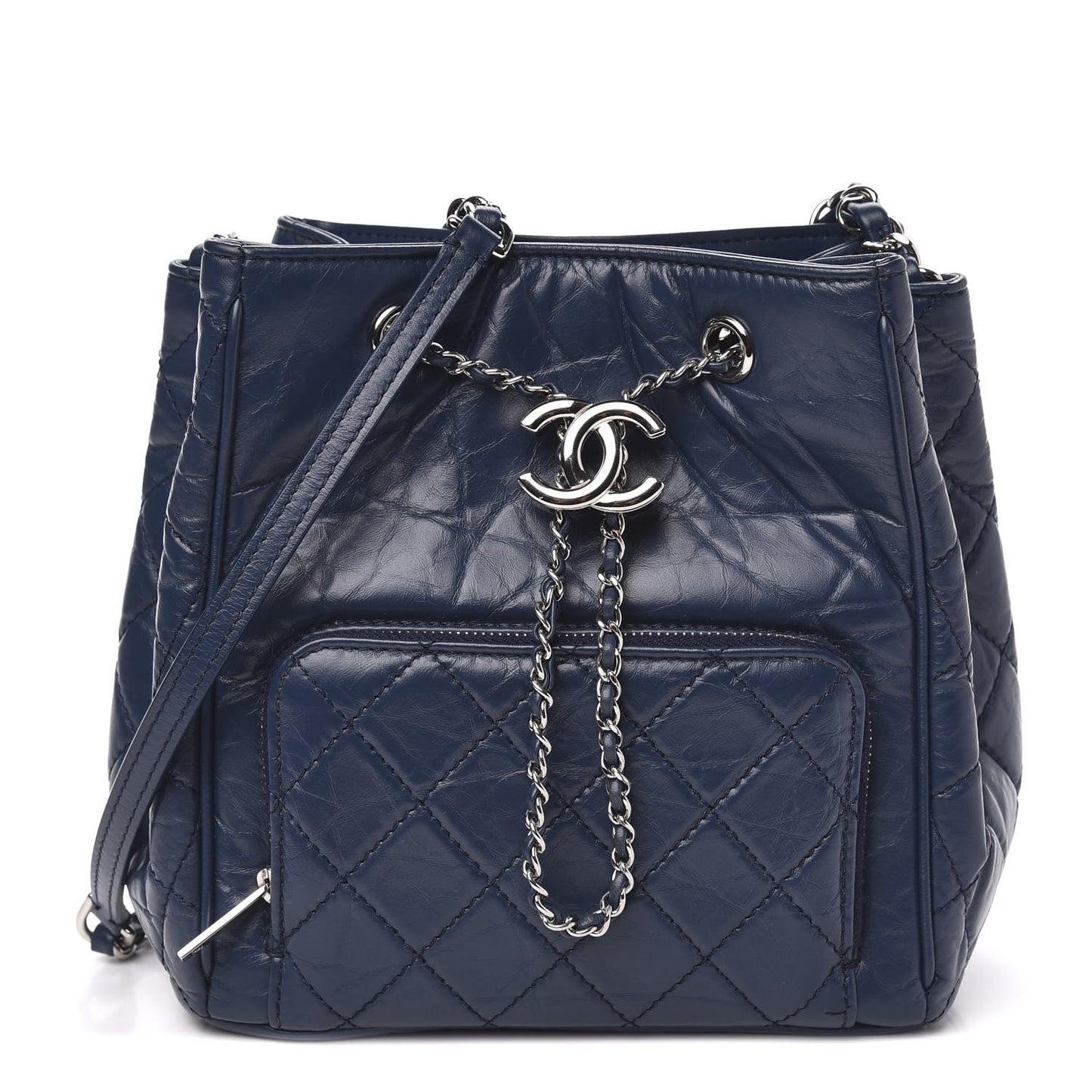 Aged Calfskin Quilted Small Drawstring Bag Blue