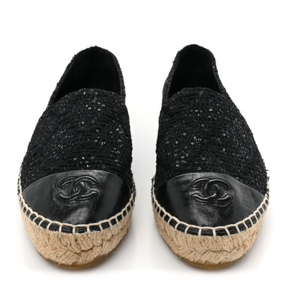 Chanel Tweed Patent Goatskin Sequin CC Espadrilles 36 Black 2 of 8