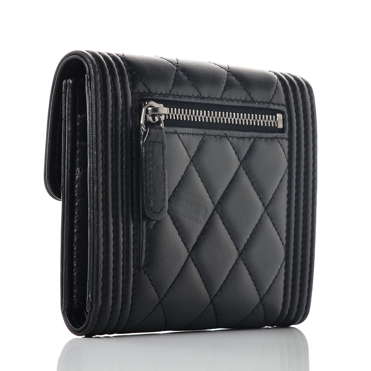 Lambskin Quilted Compact Boy Wallet Black