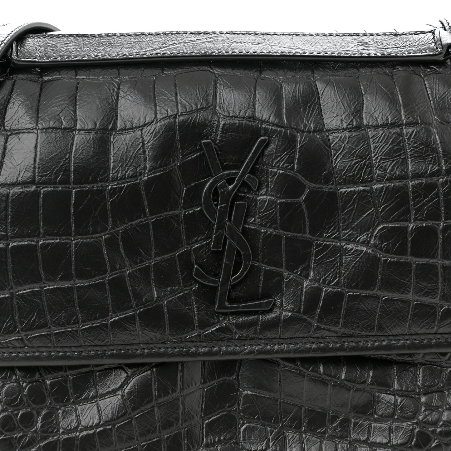 Crinkled Calfskin Crocodile Embossed Monogram Medium Niki Chain Satchel Black