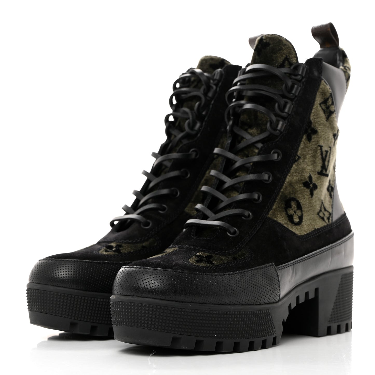 Velvet Calfskin Monogram Laureate Platform Desert Boots 37 Black Green
