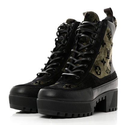Louis Vuitton Velvet Calfskin Monogram Laureate Platform Desert Boots 37 Black Green 3 of 9