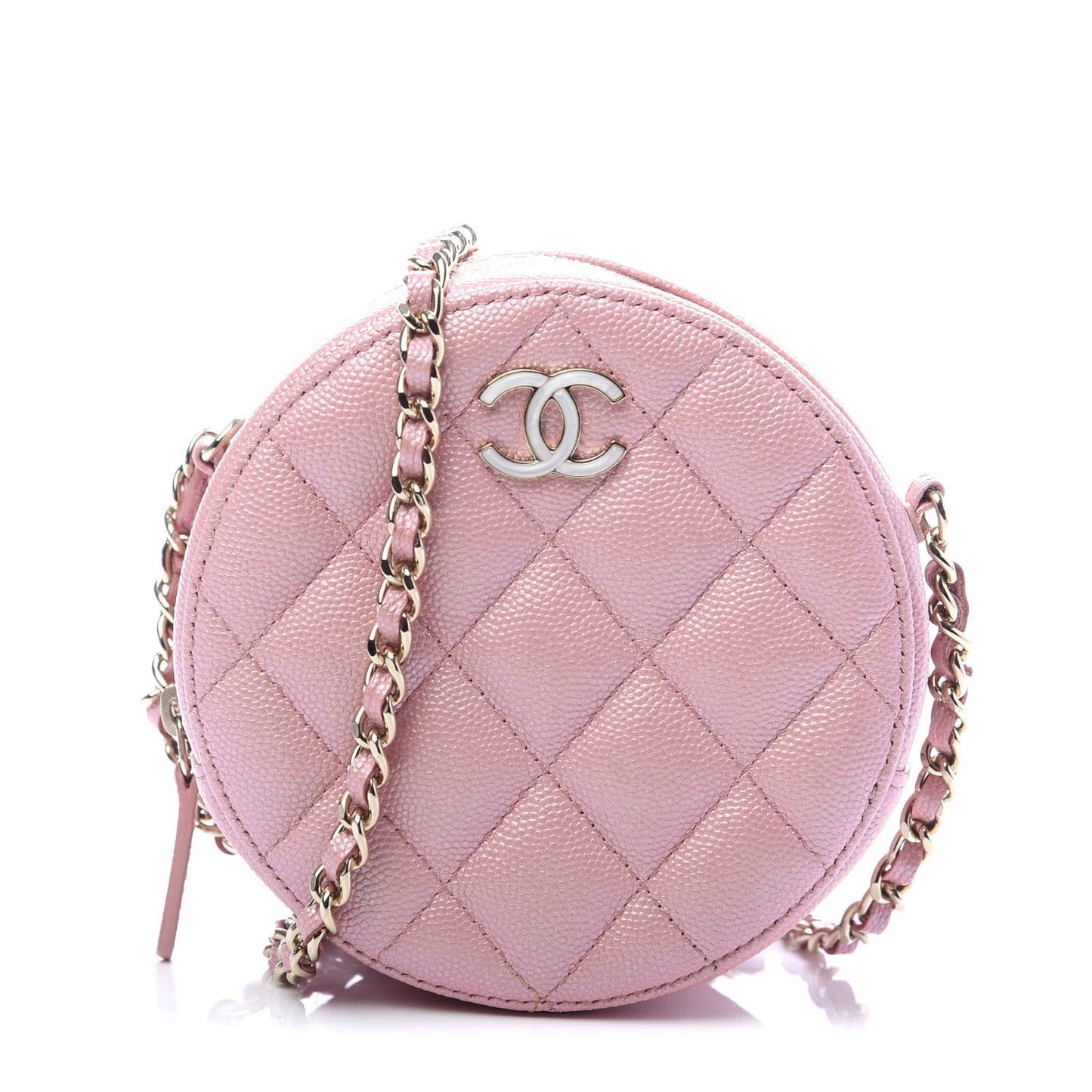 Iridescent Caviar Resin Quilted Round Clutch With Chain Pink