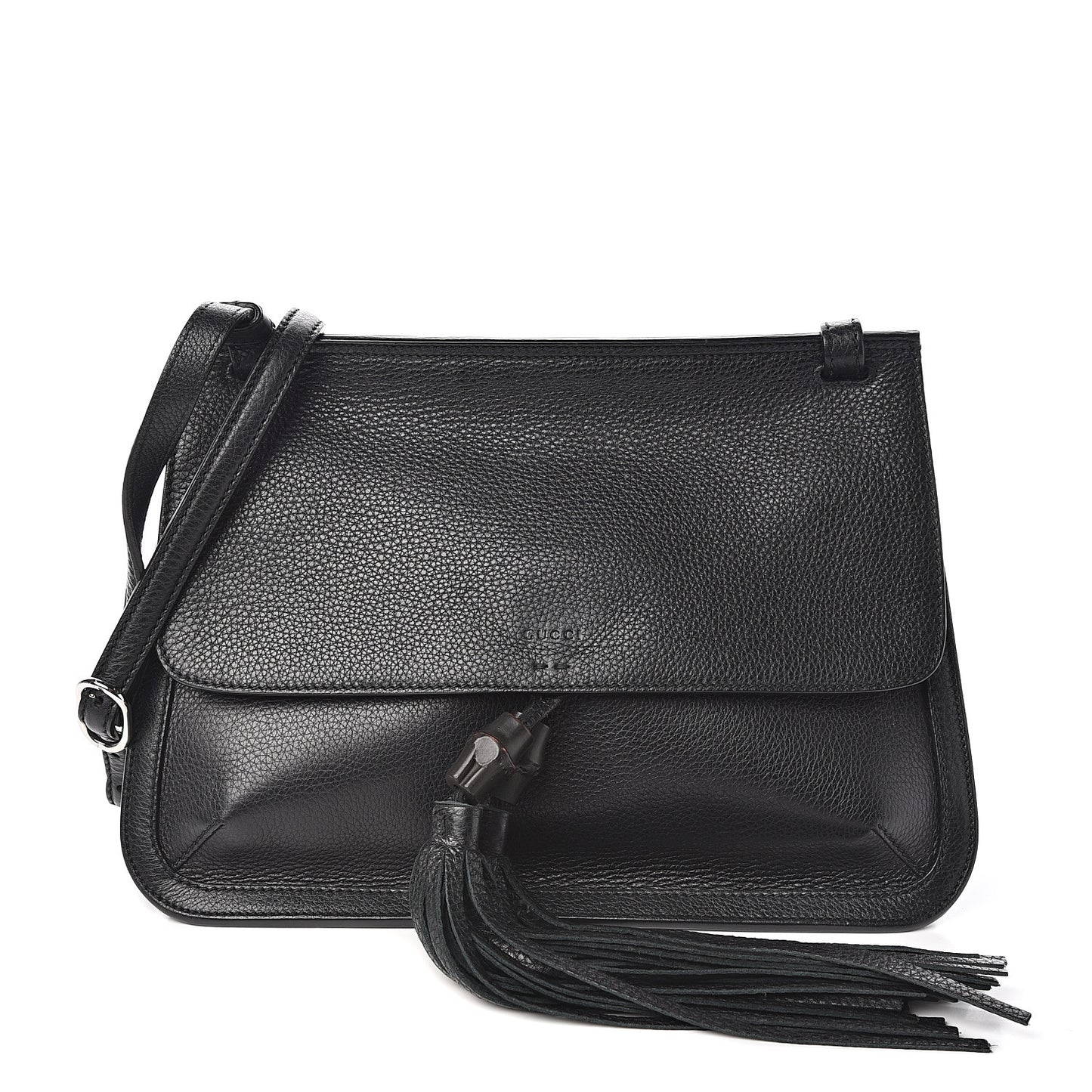 Pebbled Calfskin Medium Bamboo Daily Flap Shoulder Bag Black