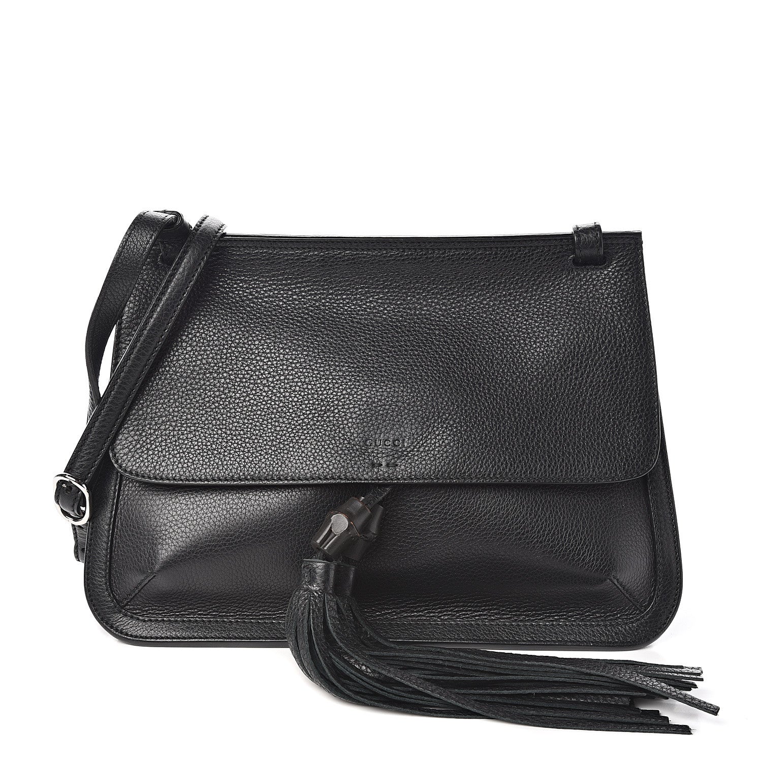Gucci Pebbled Calfskin Medium Bamboo Daily Flap Shoulder Bag Black 1 of 9