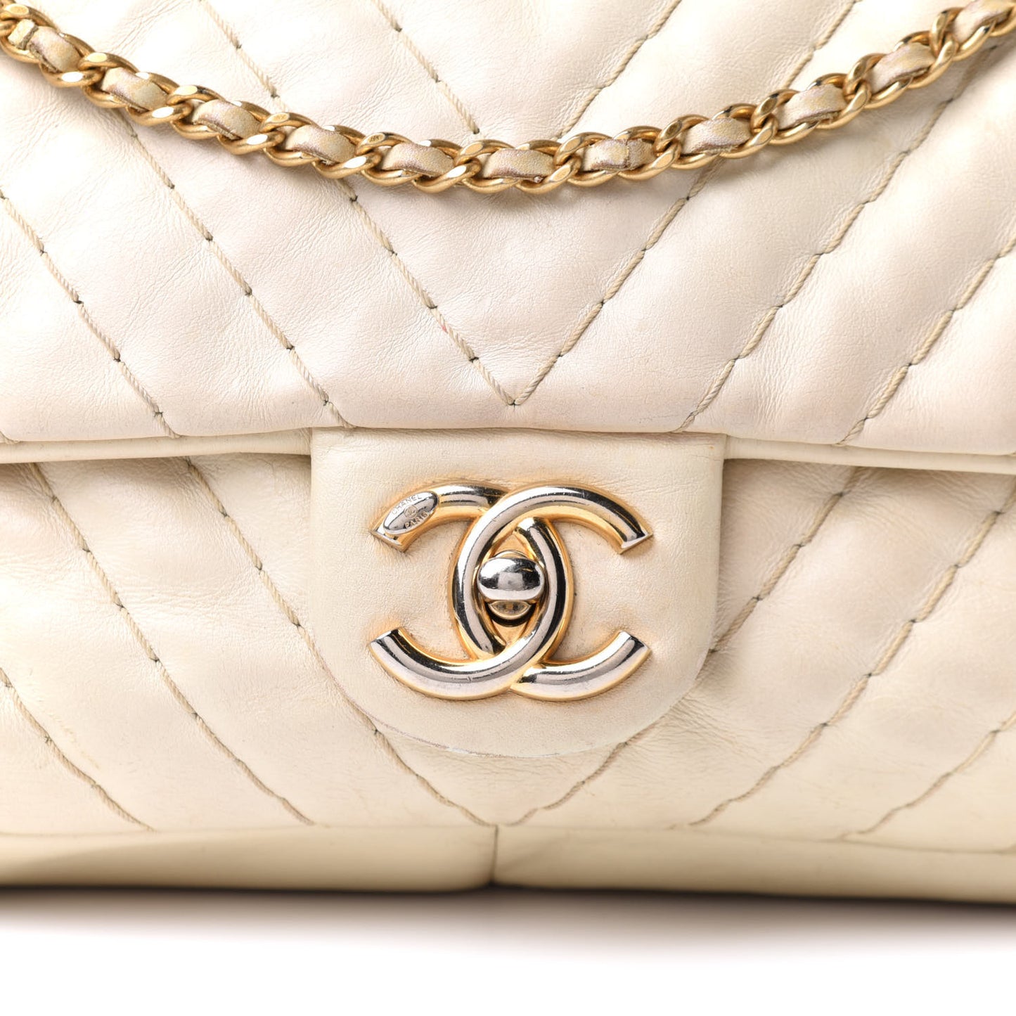 Calfskin Surpique Chevron Large Flap Beige