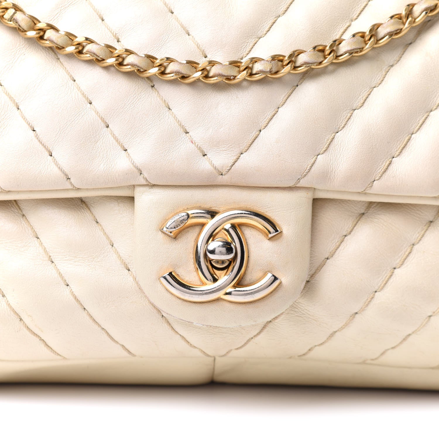 Chanel Calfskin Surpique Chevron Large Flap Beige 7 of 22