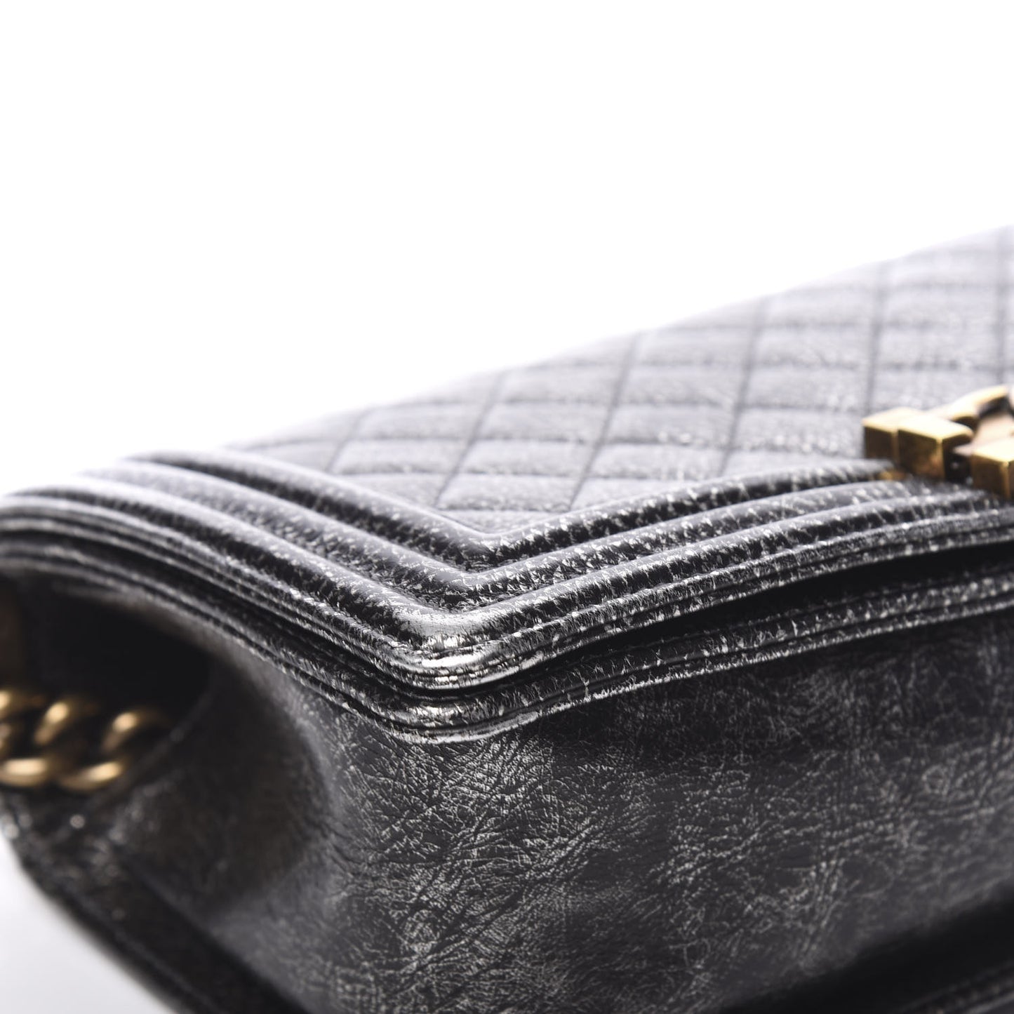 Cracked Metallic Calfskin Quilted Medium Boy Flap Dark Silver