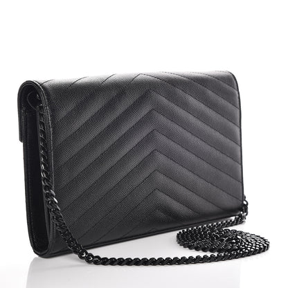 Saint Laurent Grain De Poudre Matelasse Chevron Monogram Chain Wallet Black 3 of 9