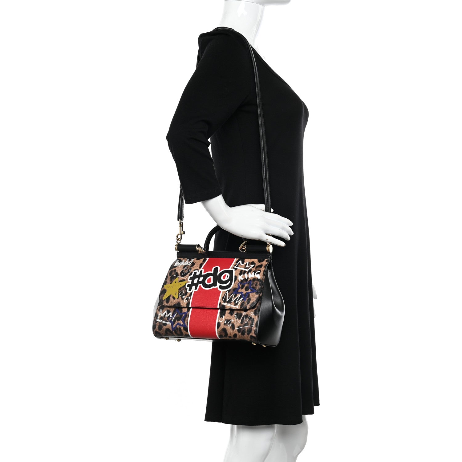 Dolce & Gabbana Dauphine Leopard Graffiti Print Medium Miss Sicily Satchel Black 2 of 11