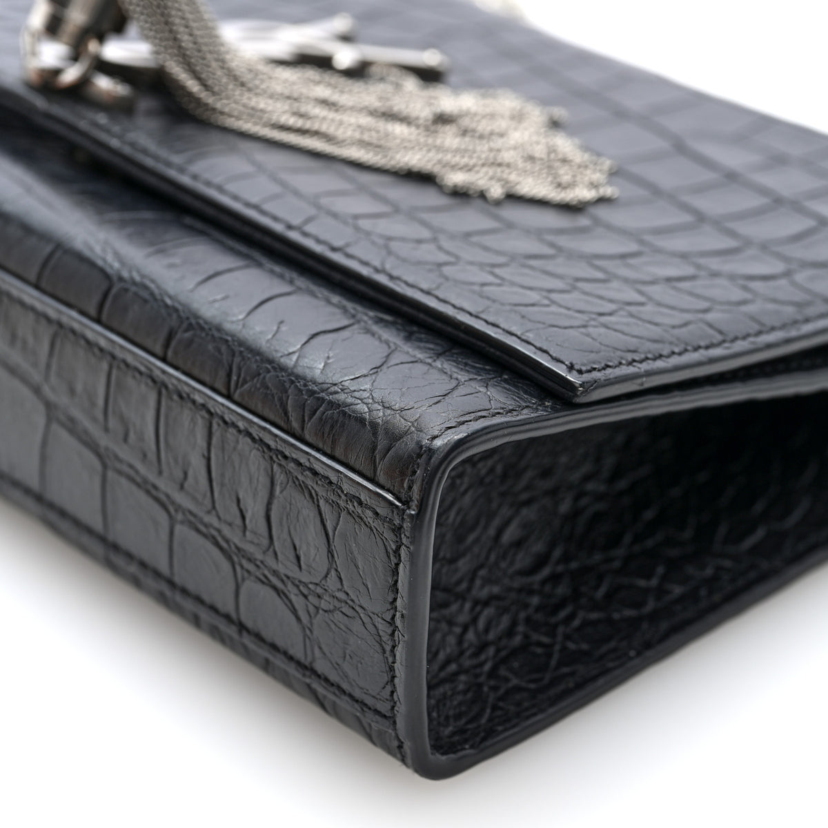 Saint Laurent Calfskin Crocodile Embossed Medium Classic Monogram Kate Tassel Satchel Black 9 of 9