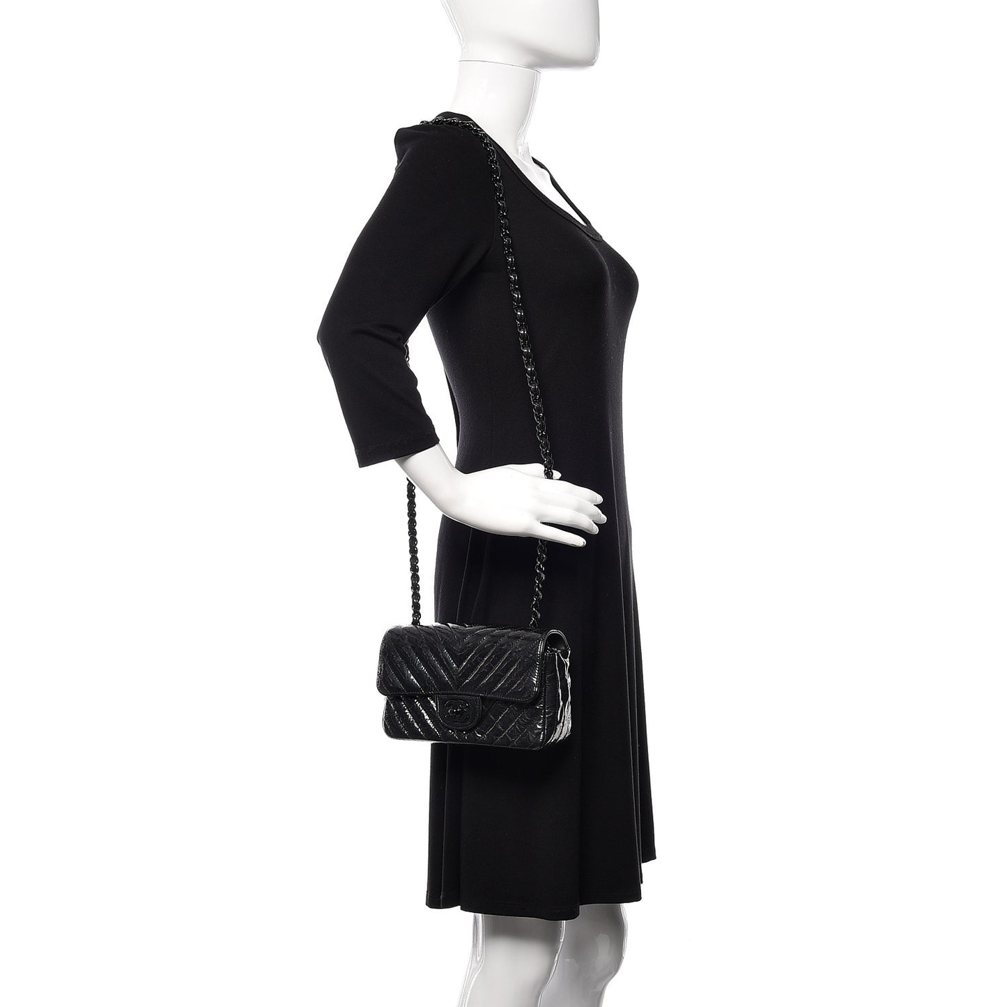 Patent Metallic Crumpled Calfskin Chevron Quilted Mini Rectangular Flap So Black