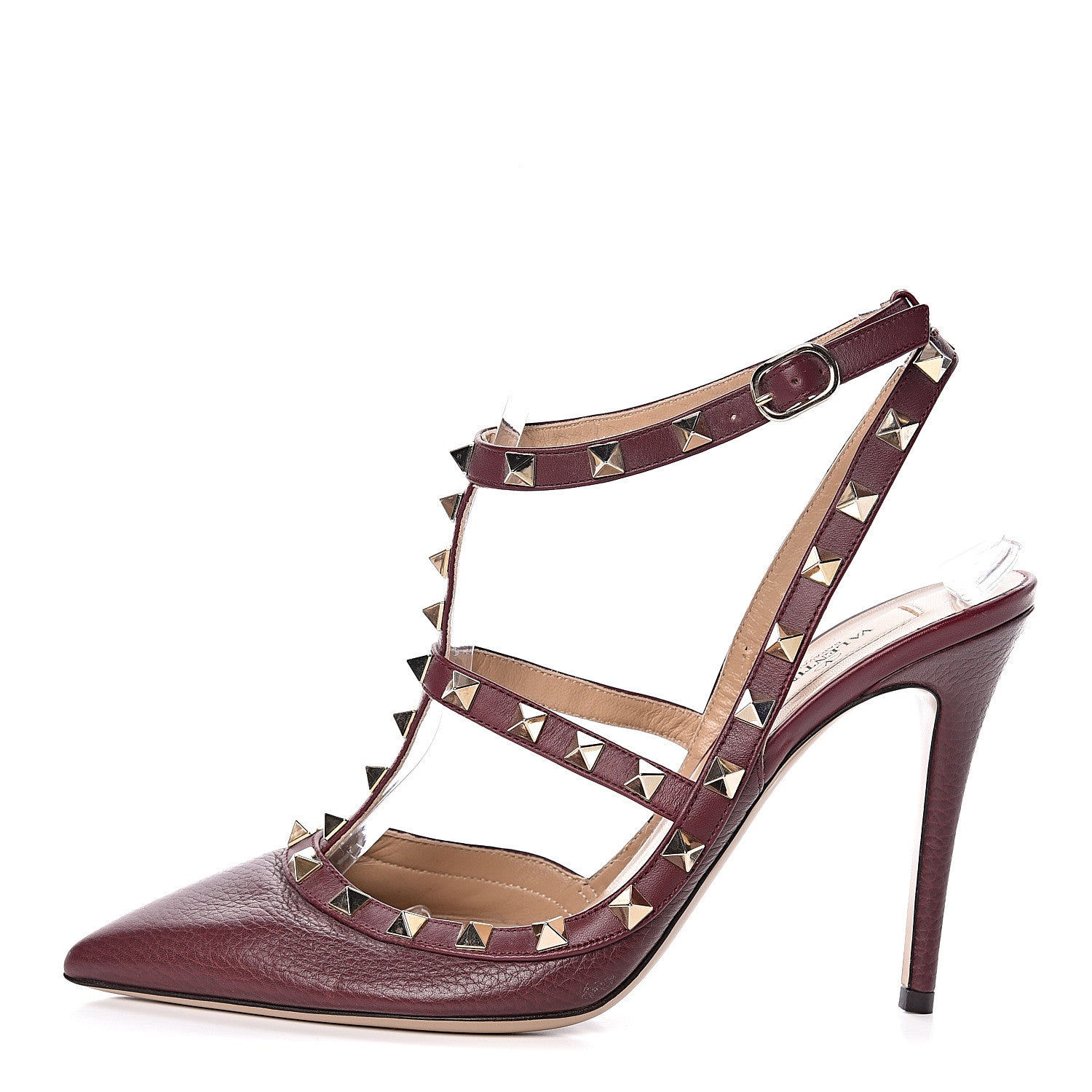 Valentino Garavani Pebbled Calfskin Rockstud Ankle Strap Pumps 39.5 Rubin 1 of 7